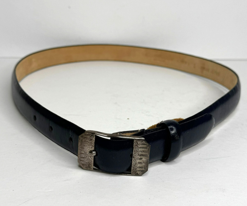 Kenneth Cole Belt Womens Large Navy Blue Leather Sterling Silver Buckle Vintage